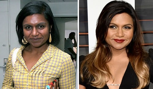 A picture of Mindy Kaling before and after.